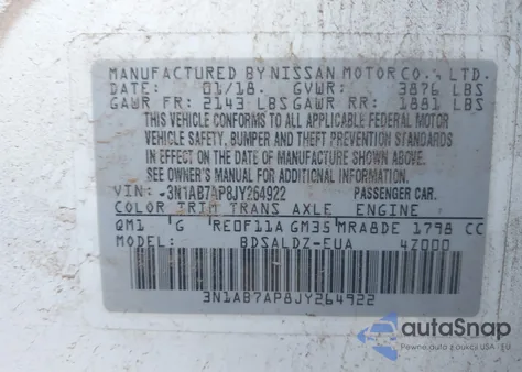 2018 Nissan Sentra Sv из США, поврежденный, VIN 3N1AB7AP8JY264922